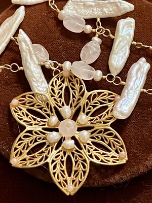 Orly Baruch Artisan Handcrafted Vermeil Designer Necklace W/Pearl, Rose Quartz