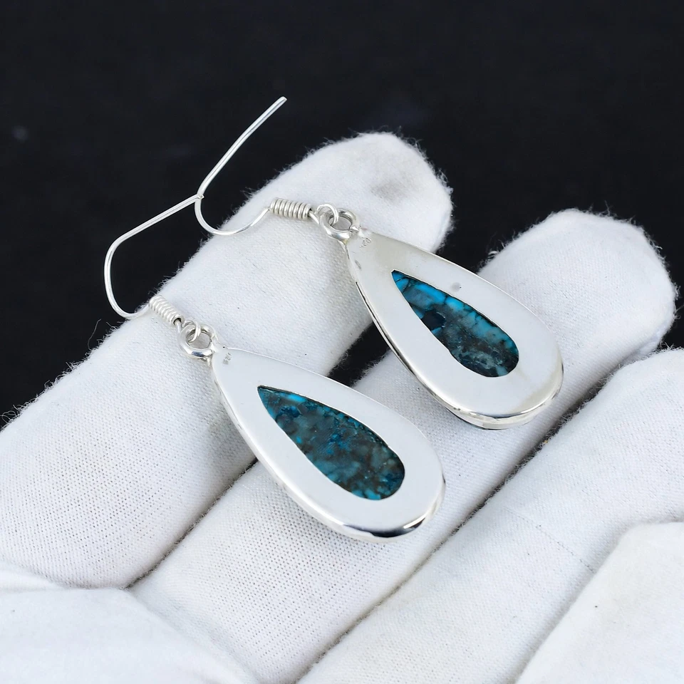 Natural Turquoise Gemstone 925 Sterling Silver Handmade Jewelry Earrings Gift - Image 3 of 4