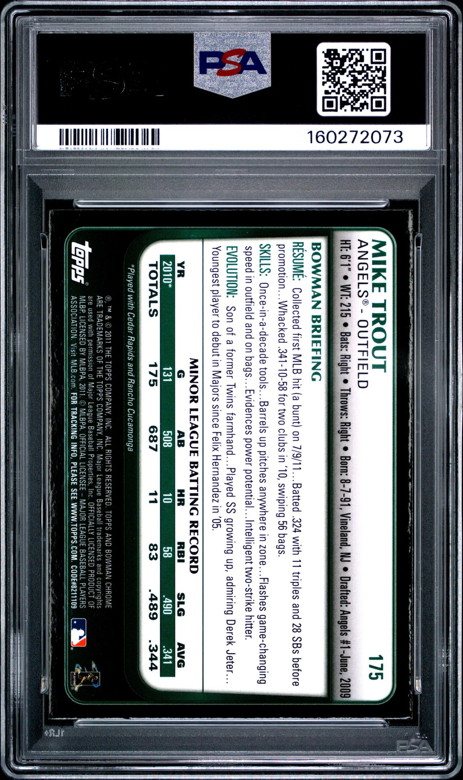Mike Trout 2011 Bowman Chrome RC PSA 9 Mint #175 view 2
