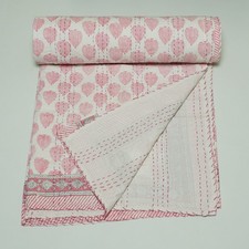 Pink Floral Kantha Quilt Handmade Cotton Block Print Bedspread Throw
