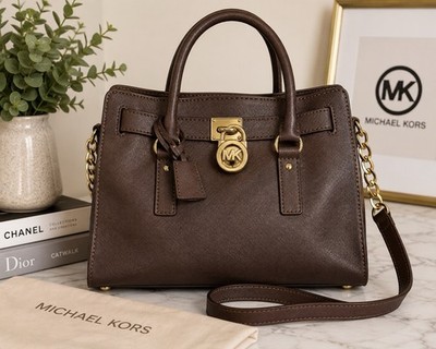 Michael Kors Hamilton Brown Saffiano Leather Satchel Shoulder Bag Gold Lock