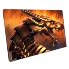 Fiery Armored Dragon Canvas Wall Art: Golden Fantasy Print for Home & Office