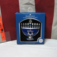 HANUKKAH blue Menorah w/ candles NWT tree ornament Star of David glow-in-dark