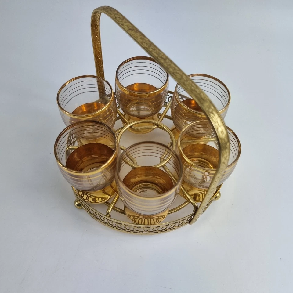 Vintage Gold Rim Shot Glasses Set of 6 with Ornate Metal Carrier Barware Decor - Image 3 of 4