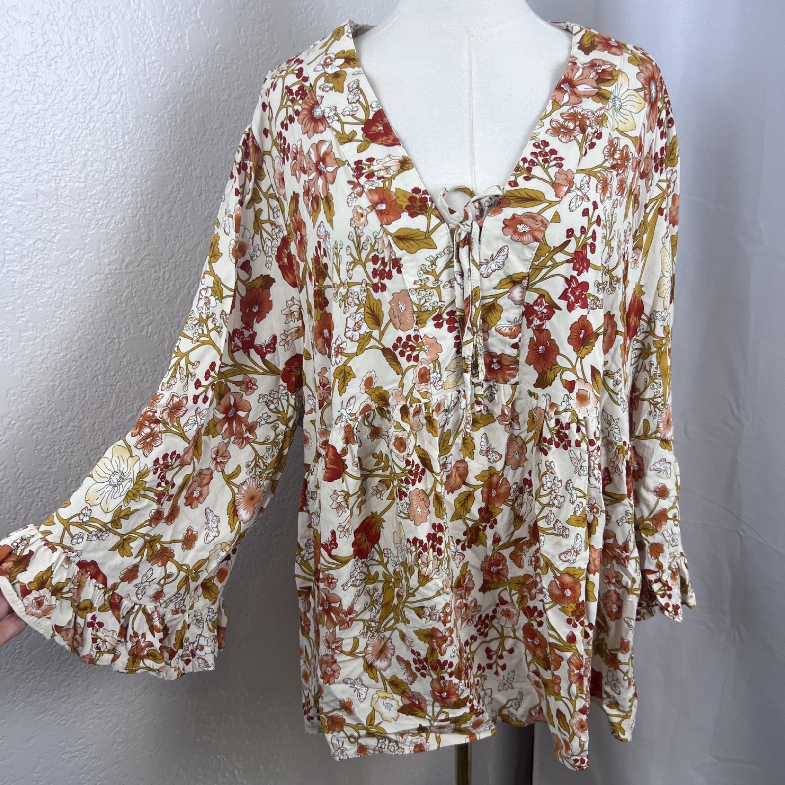 Cynthia Rowley Top Womens 3X Floral Flare Sleeve Babydoll Cottagecore Boho Rayon