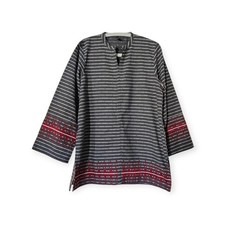Embroidered Cotton Linen Fabric Gray Red White Stripe V Neck Top Size Large