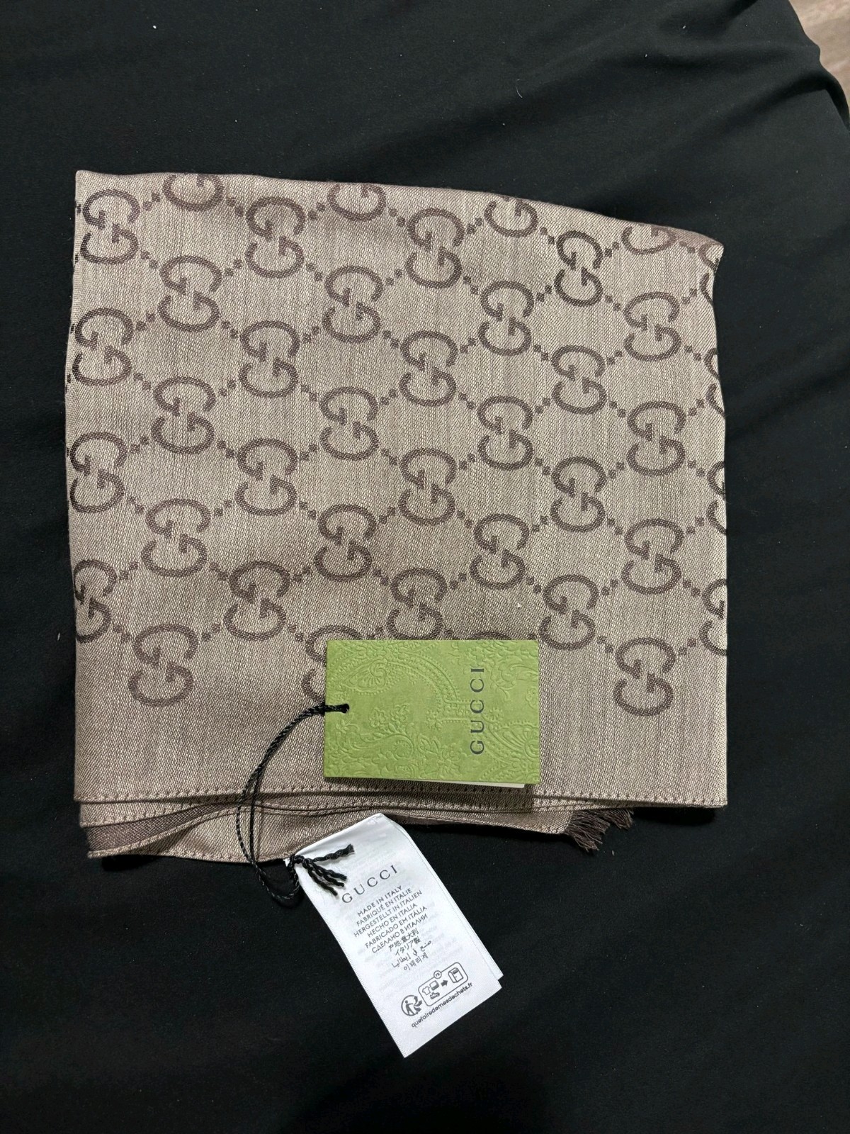 100% Authentic Gucci GG WEB Reversible Wool Silk Shawl Scarf Grey 45x180