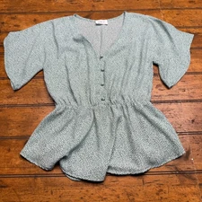 Sienna Sky Peplum Blouse Ditsy Floral Print V Neck Button Front Flutter Sleeve