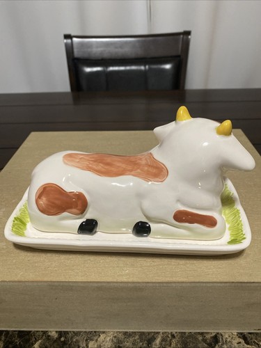 Vintage Ceramic Hand Painted Butter Dish Cow Theme Japan White Brown Lime - Picture 5 of 16