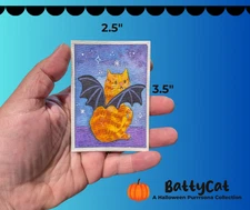 ACEO ATC Original Mixed Media Painting Art Card Halloween Cat Bat Costume