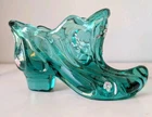 Fenton Glass Shoe Turquoise Hand Painted Signed