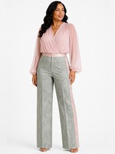 Zara Limited Edit Sage Green, Pink White Jacquard Text Pants Sheer Pink Panels