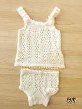 Vintage Homemade Baby Girl Cream and Pink Ribbon Knit Top and Bloomers Set