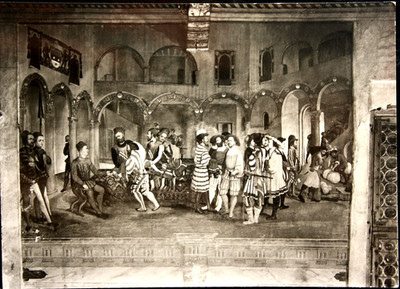 POSTCARD. MALPAGA BERGAMO FRESCO IN THE HALL OF THE CASTLE COLLEONI B/W. NV