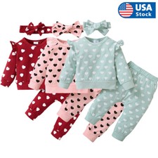 3PCS Newborn Baby Girls Clothes Heart Printing Tops Pants Tracksuit Outfits Set