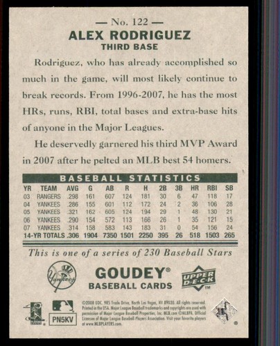 2008 Upper Deck Goudey #122 Alex Rodriguez New York Yankees - Picture 2 of 2