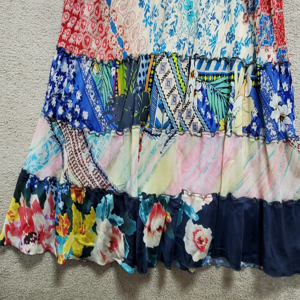Maxi Falda Johnny Was Mujer M Multi Parche Floral Trabajo Boho Gitana Seda En Niveles Foto 4 de 4