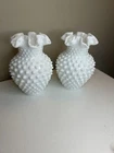 Fenton Hobnail Milk White Vase Ruffled Vintage - 2pair