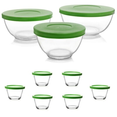 LIBBEY 3-PC GLASS MIXING BOWL SET 6-PC RAMEKIN FOOD STORAGE CONTAINERS  W/LIDS