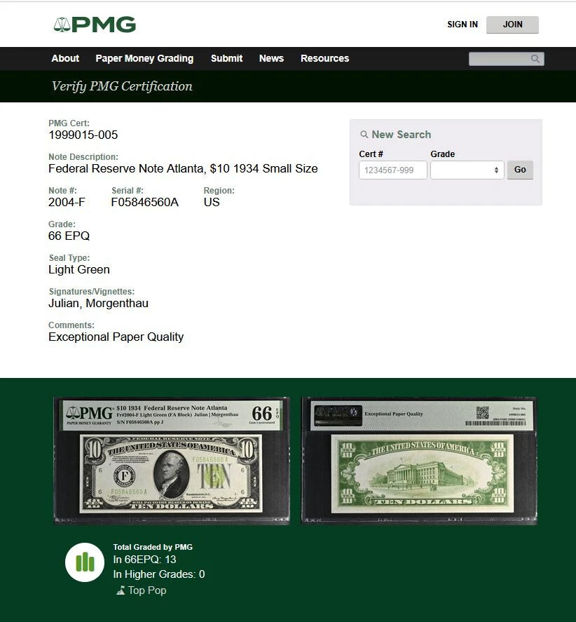 1934 $10 Federal Reserve Note PMG 66EPQ - Top Pop Highest Graded - Atlanta LGS - Image 2 of 4