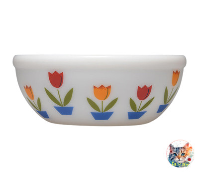 Fire-King Japan 15 Unzen Schale Tulpe bedruckt Milchglas Handarbeit Neu