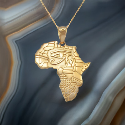 Yellow Gold Eye of Horus Africa Map Pendant Necklace