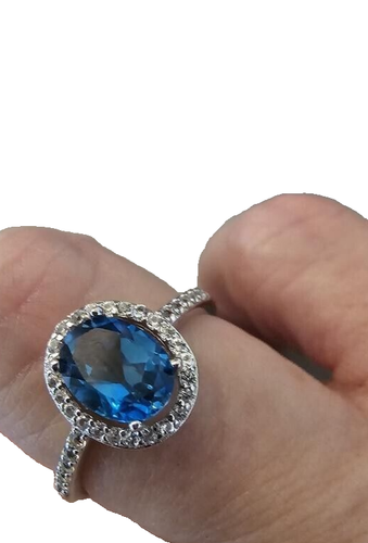 Blue Topaz Sterling Silver Oval Lab White Sapphire Halo Cocktail Ring 925 NWT 7 - Picture 10 of 10