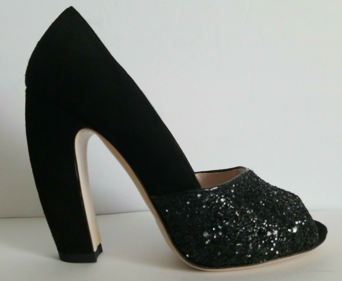 MIU MIU AMAZING BLACK GLITTER SUEDE CURVED HEEL PUMPS EU 35 39 I