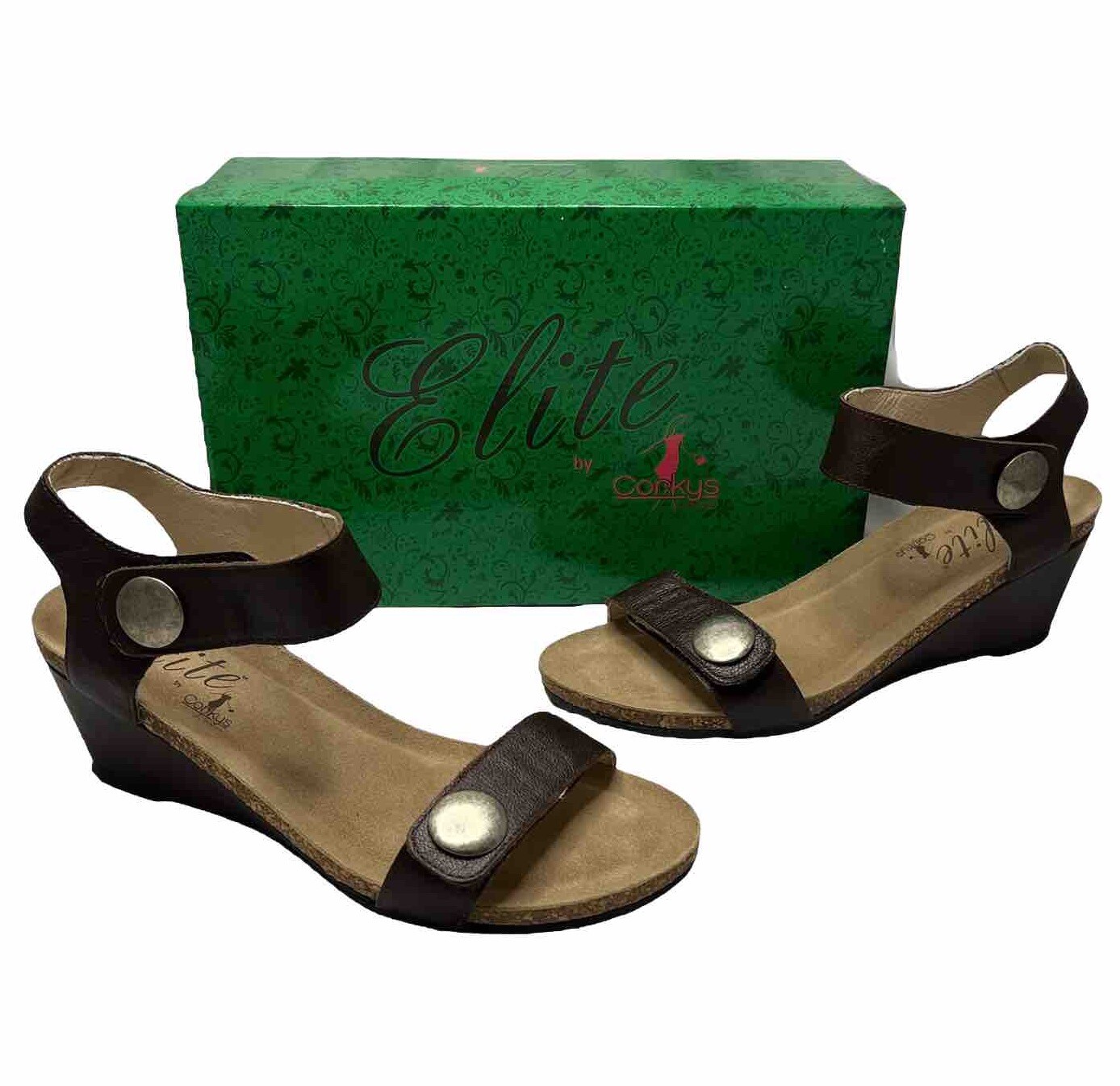 Sandalias Elite by Corkys Marrón Chocolate Hobby Tacón de Cuña Talla 11 Botón con Tiras