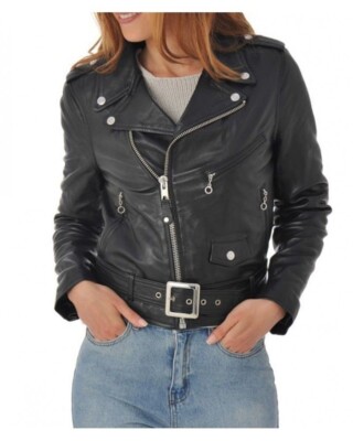 New Women's Black Extra Belted Jacket Soft Lambskin Style Slim Fit Coat Jacket