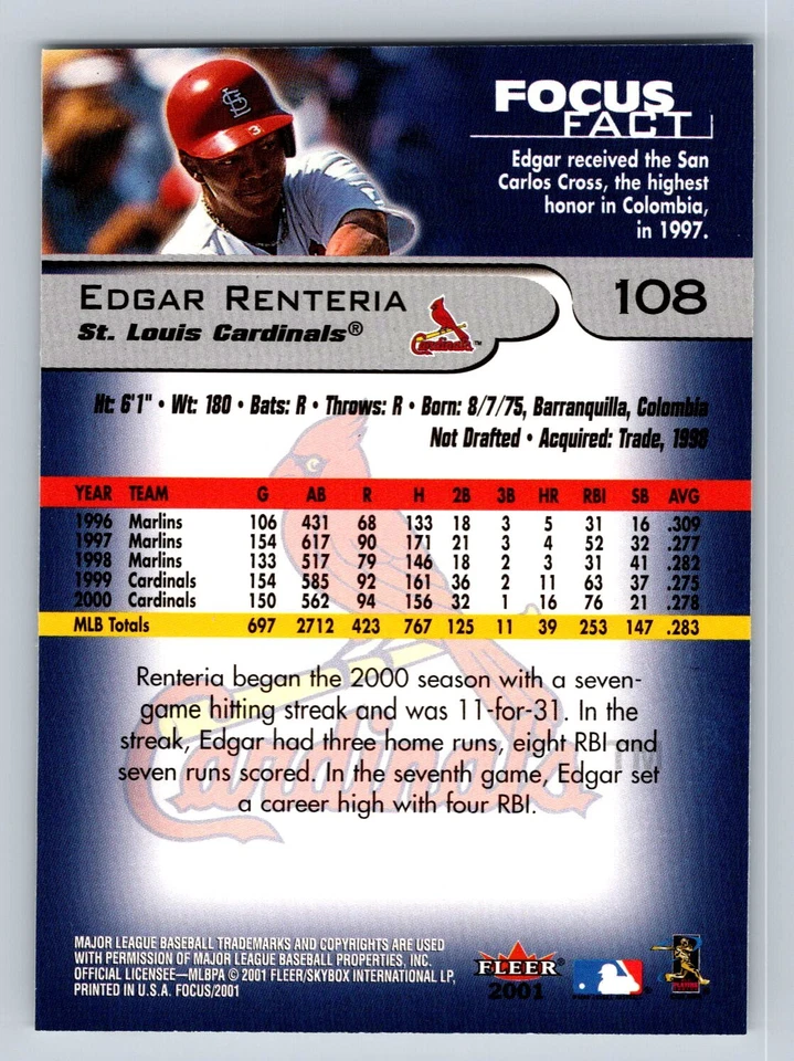 2001 Fleer Focus #108 Edgar Renteria - Image 2 of 2