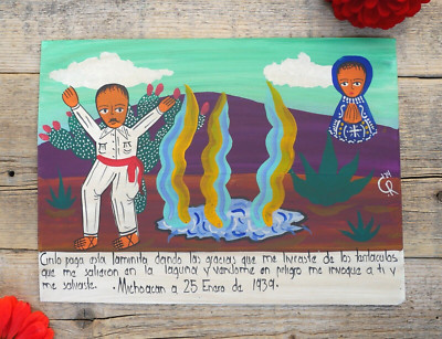 Tin Painting Ex-Voto Thanks for Saving from Tentacles in Lagoon Mexican Folk Art