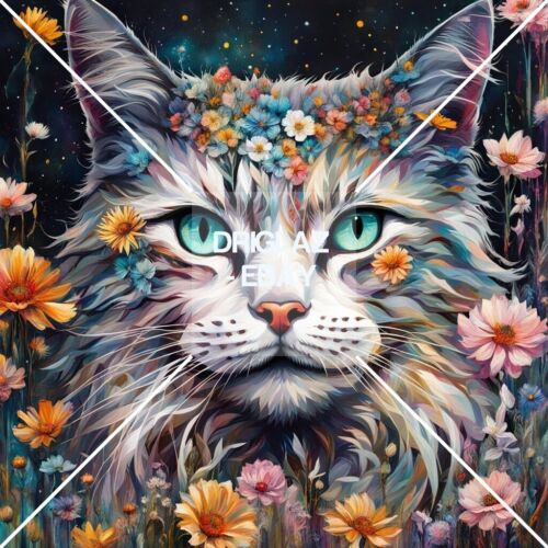 Custom Cat Flowers Portrait Digital Cat Image Background CAT/Flowers ART - Picture 3 of 3