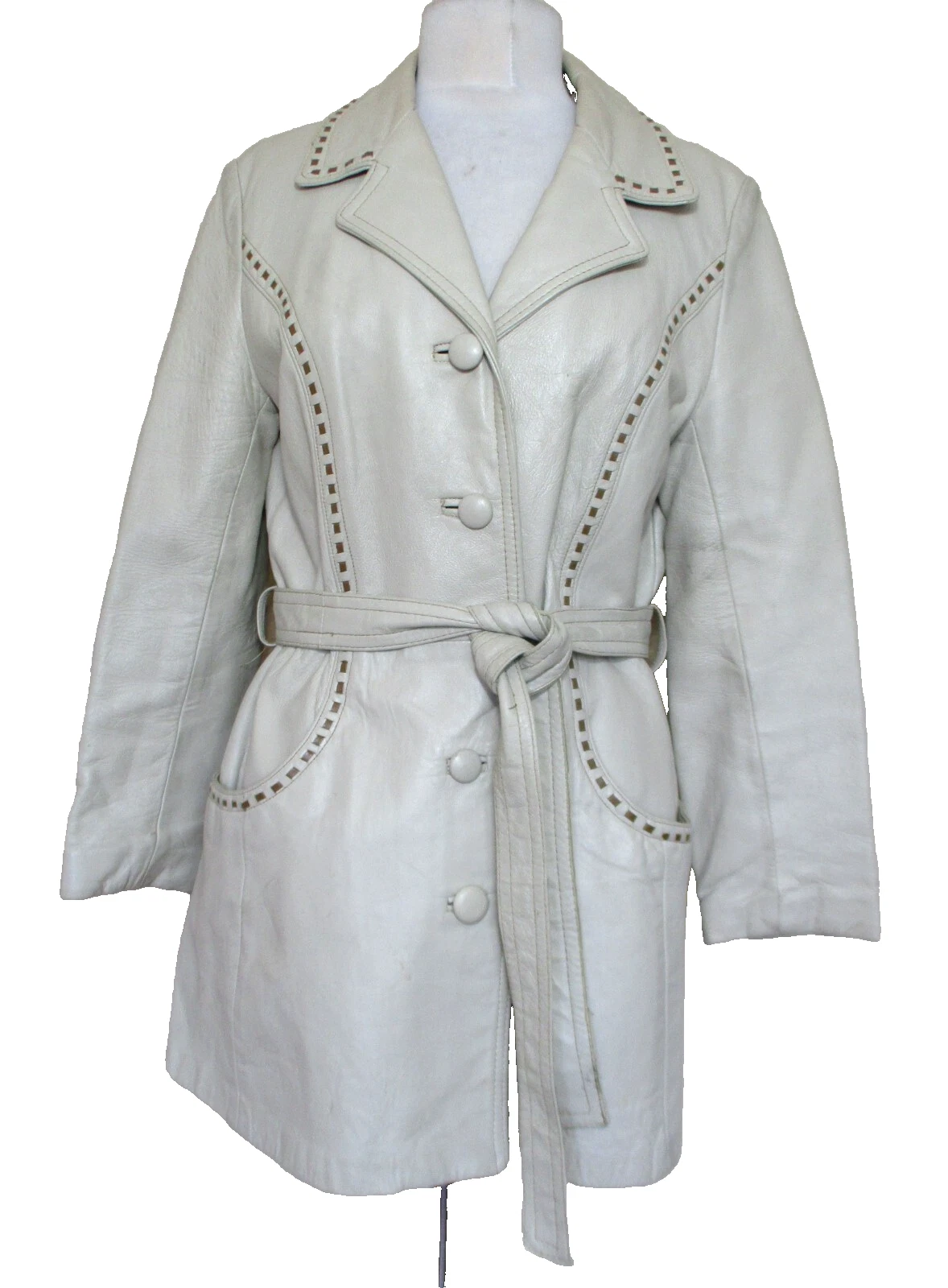 OFF WHITE Cappotto vintage 24K pelle Dan Di Modes bianco sporco pelle cuciture tortora S M