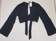 H&M Black long sleeved Crop top  open back BNWT Blouse top tie front Size M