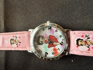 Vintage Betty Boop Character Watch - Pink Hearts Strap, Silver Tone, Quartz