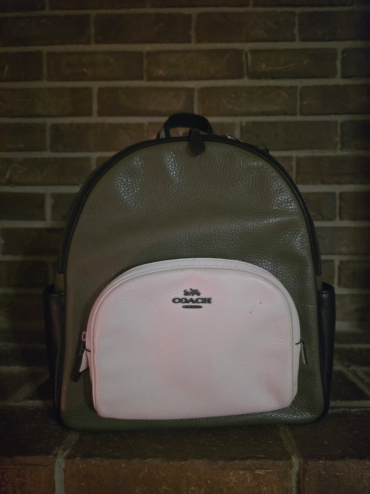 Coach Court Backpack Color Block Leather Bag Olive Black White
