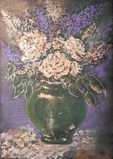 Original Roses Lilacs Green Vase Floral Dry Pastel Painting Wall Art 8.3x11.4 in