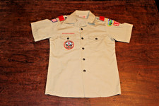 Boy Scouts of America BSA Youth Shirt Tan Large Sewn Patches Short Sleeve