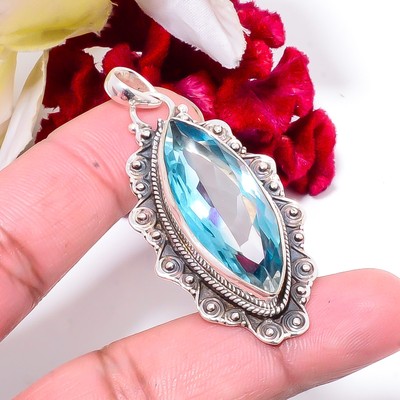 Blue Topaz 925 Sterling Silver Jewelry Bali Pendant 2.26 Sk60, Christmas Gift