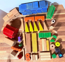 Vintage Wooden Building Blocks Lot Color Natural Shapes Pieces Mixed