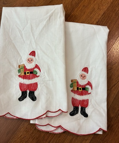 2 Santa Embroidered Guest Cotton Hand Towels - Picture 1 of 5