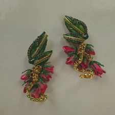 Lunch at the Ritz Earrings Floral One Dozen Roses Signed Clip On
