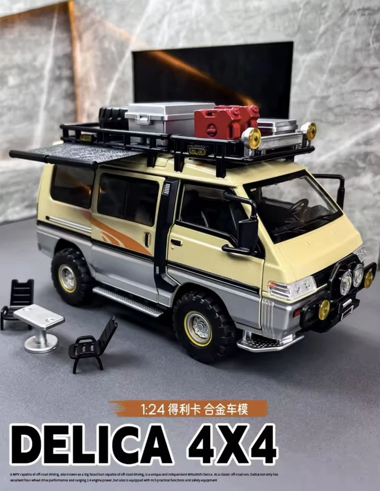 Casa rodante Mitsubishi Delica Mini todo terreno 4x4 - amarillo - accesorios - escala 1:24 Foto 2 de 4