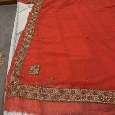 Orange Georgette Saree With Gold Silver Work Come Stitched Blouse Size L