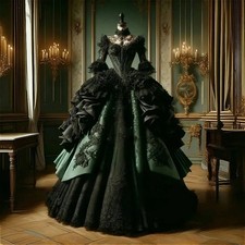 Gothic Black Green Prom Dress Ruched Lace High Collar Half Sleeve Vintage Dress