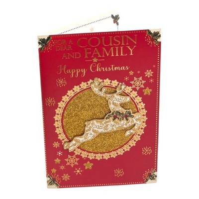 Für einen lieben Cousin und Familie goldenes Rentier Weihnachtskarte