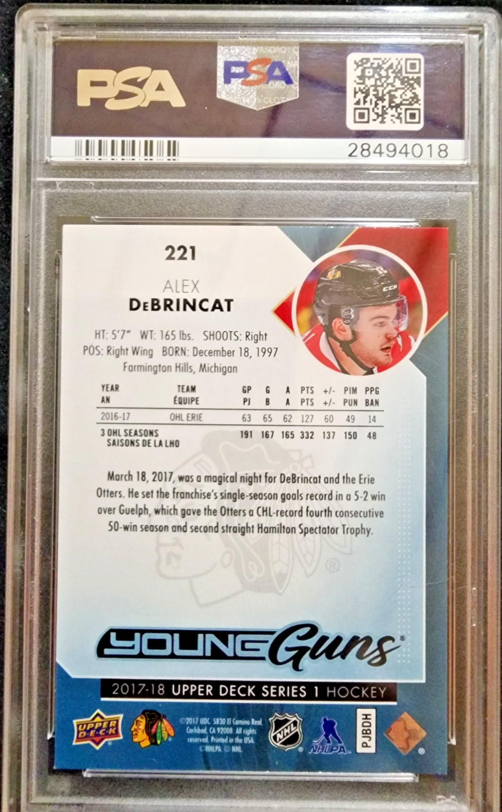 2017-18 Upper Deck Series 1 #221 Alex DeBrincat Young Guns Rookie RC - PSA 10 view 2