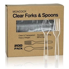 MOACOCK 200 Heavy Duty Silver Plastic Forks & Spoons - Disposable Cutlery Set