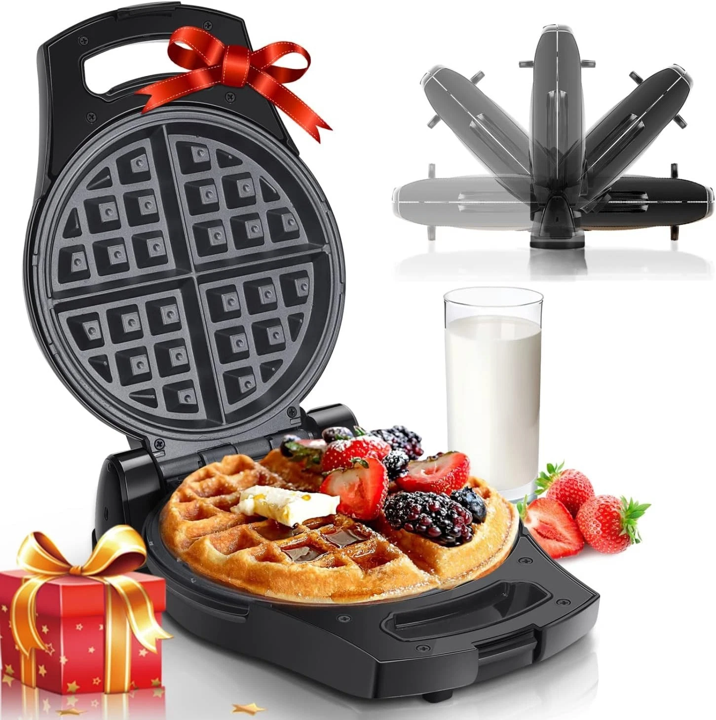 900W 8" Belgian Waffle Maker, Non-Stick, 4 Slice, Rotating, Temp Control